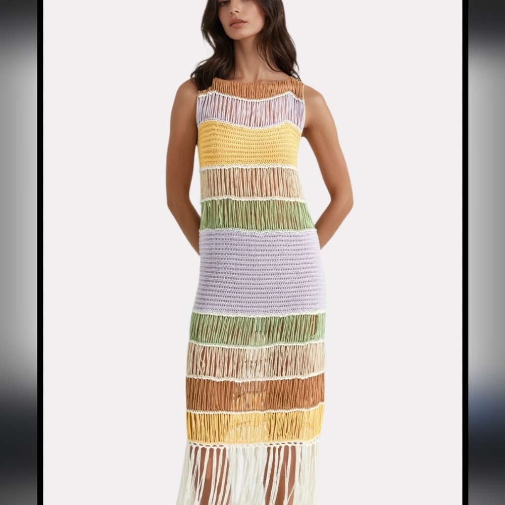 NWT Mable Crochet Knit Multicolor Striped Fringe Maxi Dress L - Picture 7 of 8